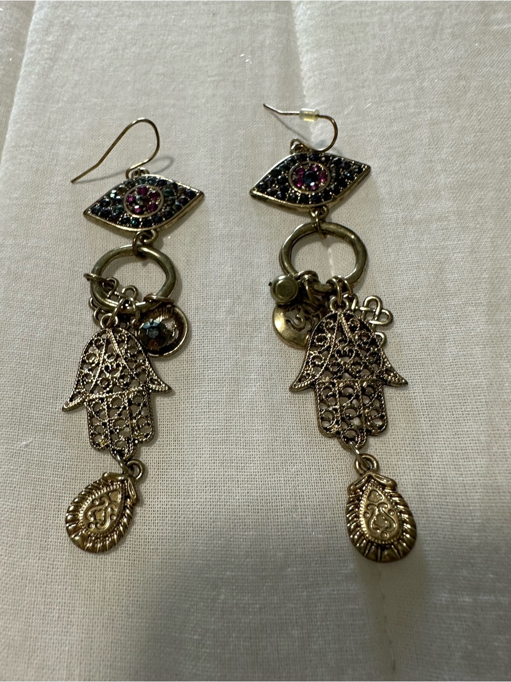 Gold-Tone Hamsa Drop Earrings with Purple Accents - Picture 2 of 4